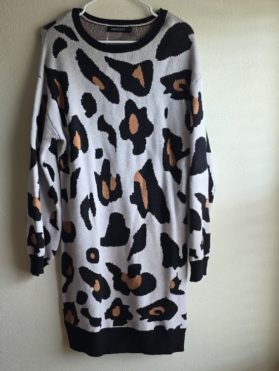Merokeety Dresses & Skirts - New-Leopard Print Long Sleeve Sweater Dress - Black, White & Tan